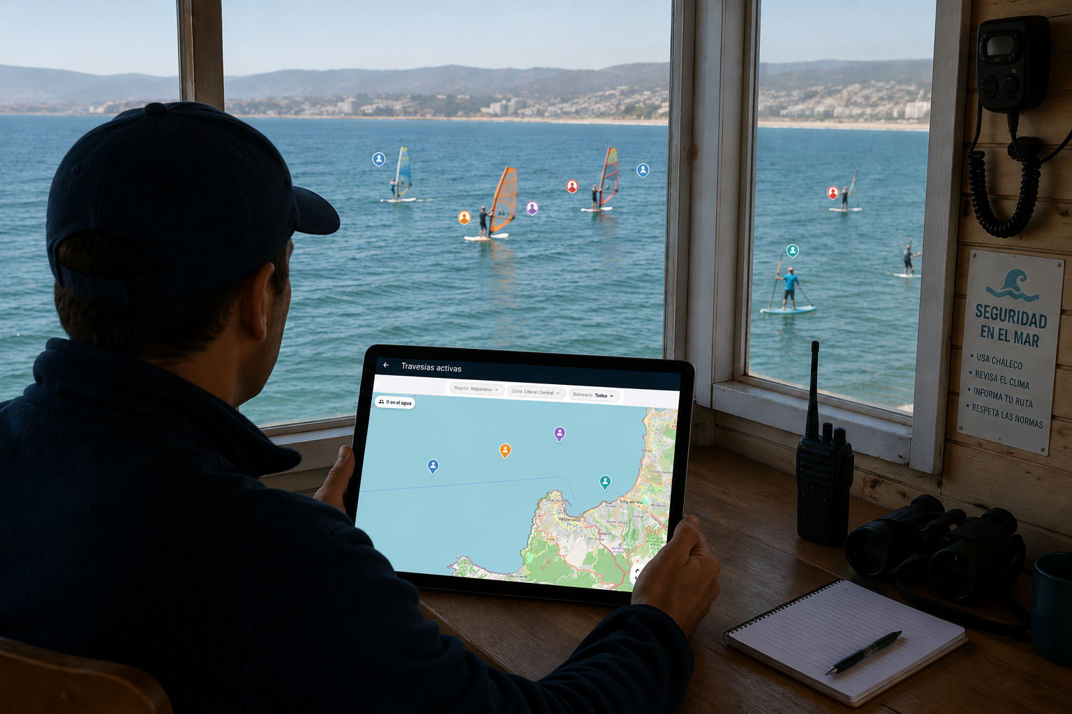 Operador en una caseta de rescate costero monitoreando el panel de travesías activas de NautiSafe en un notebook, con deportistas náuticos visibles por la ventana.